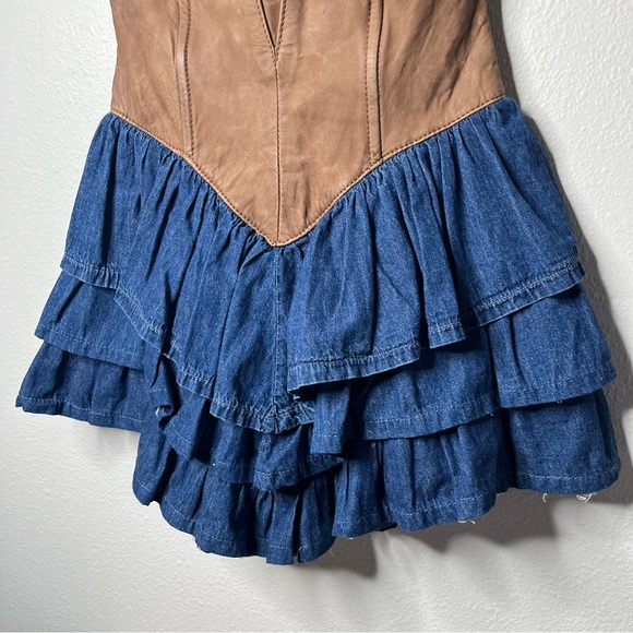 Vintage Danna Strapless Leather and Denim Drop Waist Ruffle Tiered Mini Dress - Picture 5 of 7
